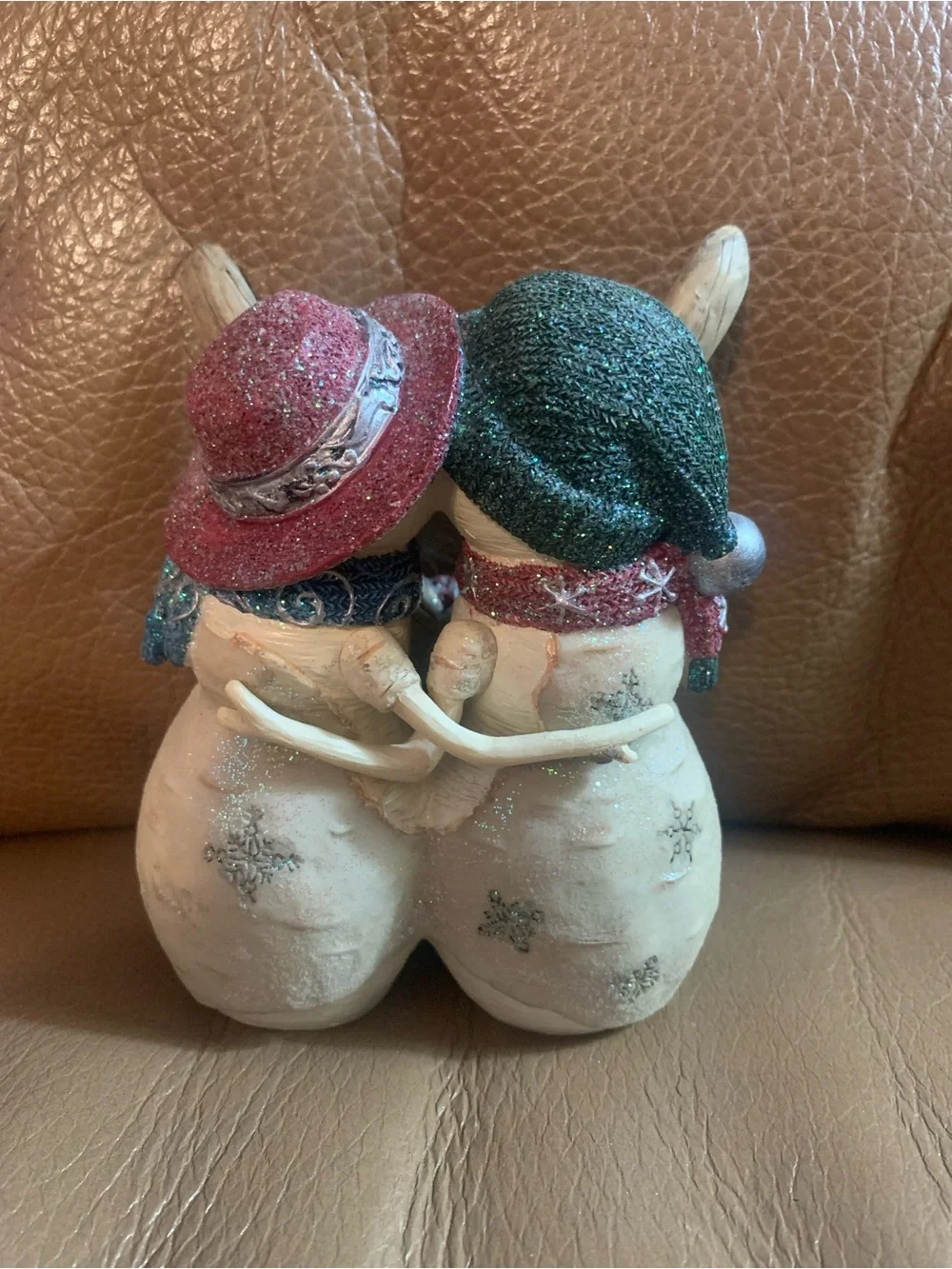 Holiday Snowman Couple Figurine with Red Bow and Green Wreath